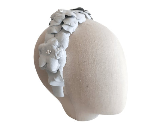 White leather ladies flower headband - Julie Herbert Millinery Headbands
