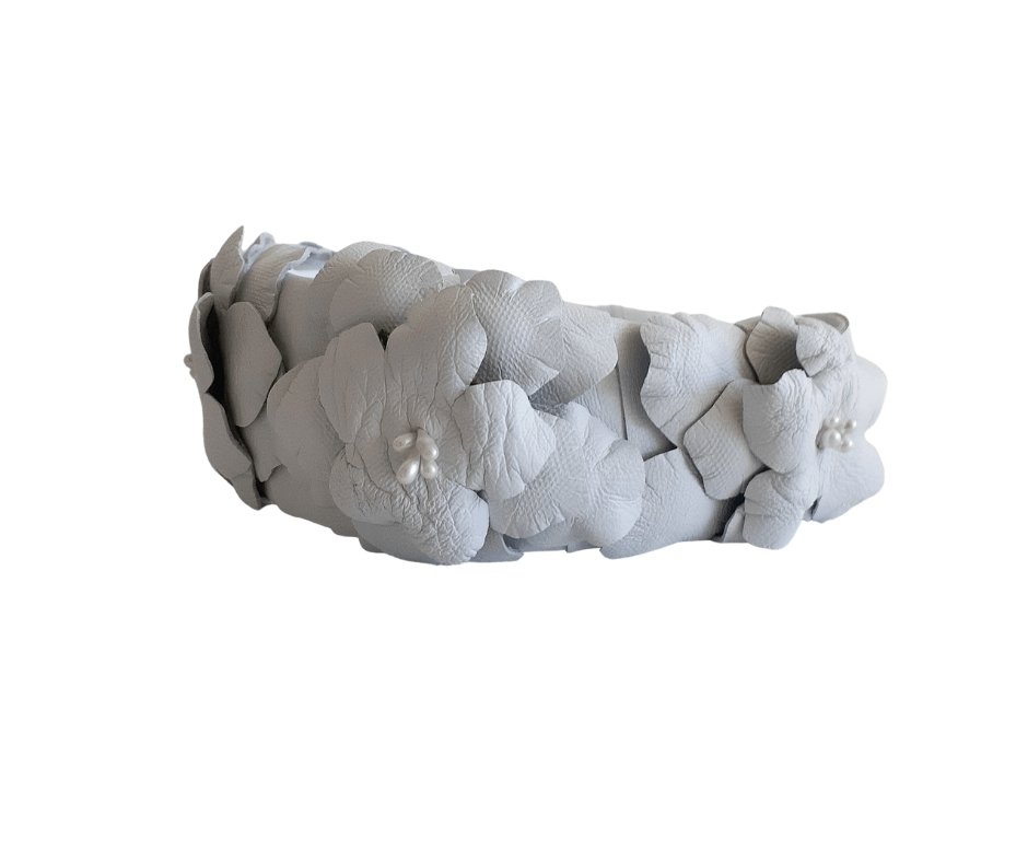White leather ladies flower headband - Julie Herbert Millinery Headbands