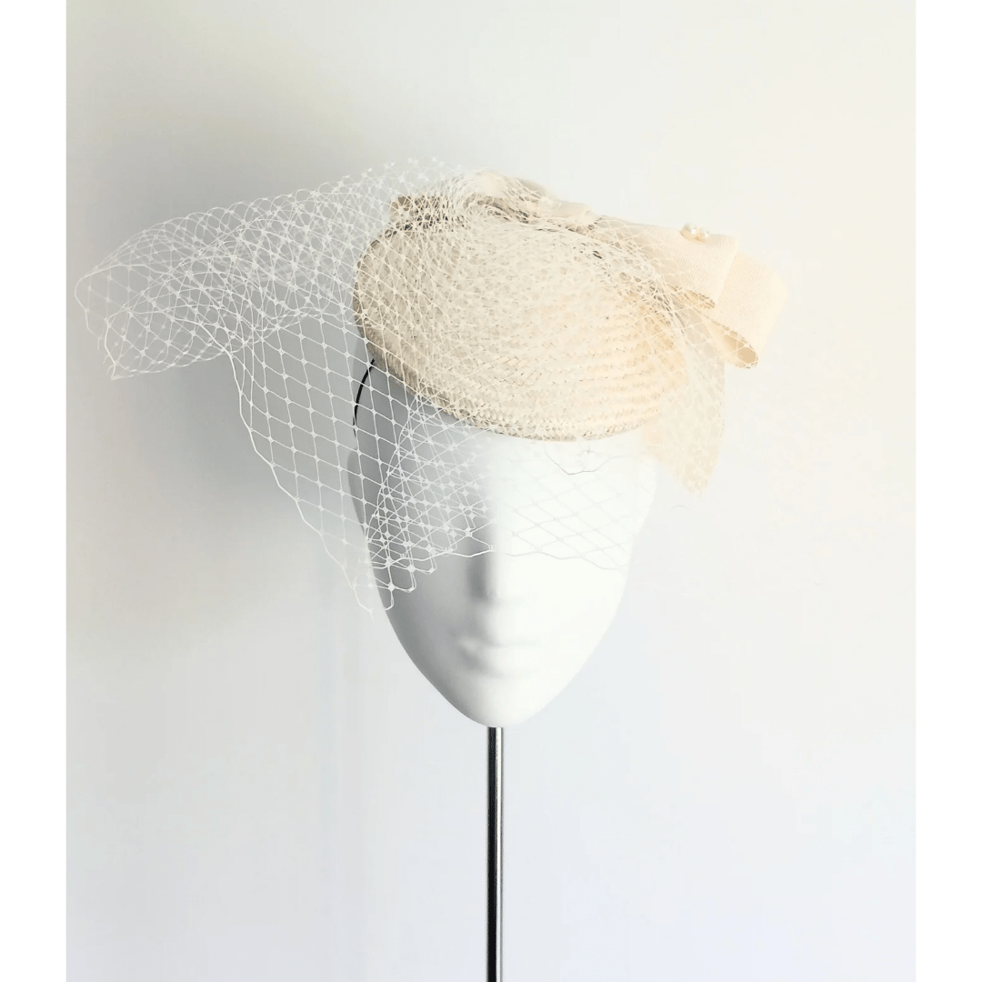 Catherine Ivory Buntal Headpiece with double bow - Julie Herbert Millinery Ivory button