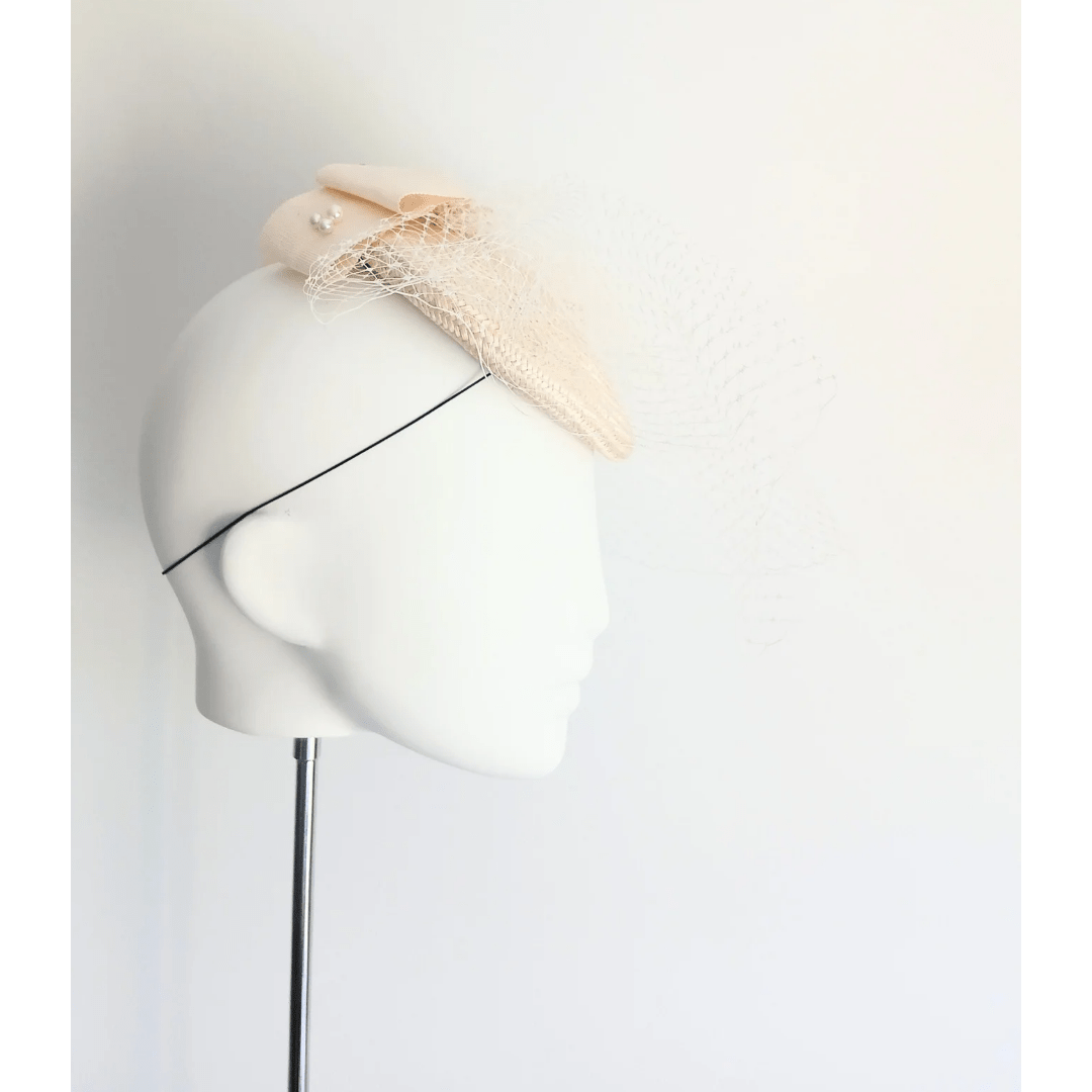 Catherine Ivory Buntal Headpiece with double bow - Julie Herbert Millinery Ivory button