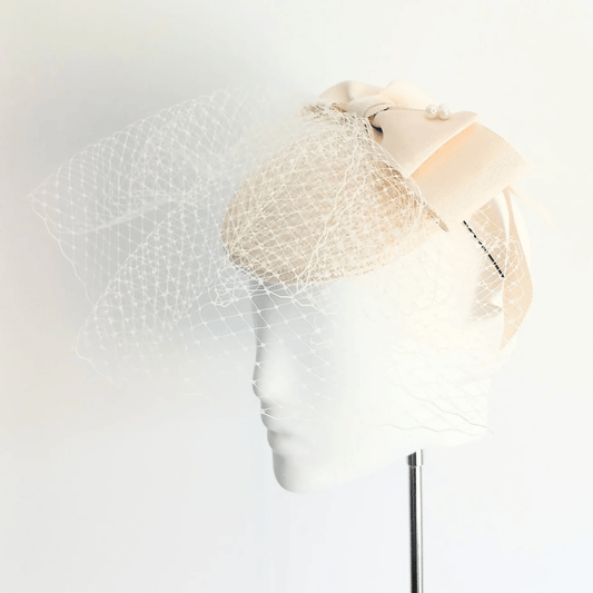 Catherine Ivory Buntal Headpiece with double bow - Julie Herbert Millinery Ivory button