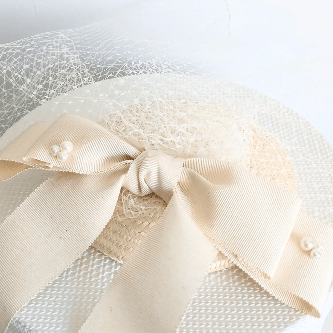 Catherine Ivory Buntal Headpiece with double bow - Julie Herbert Millinery Ivory button