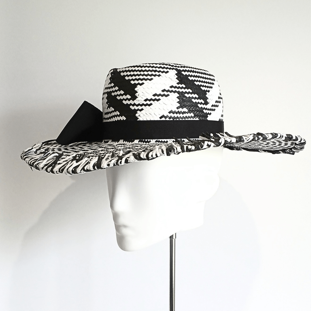 Ladies Black and White Straw Fedora Brim Hat - Julie Herbert Millinery fedora hat