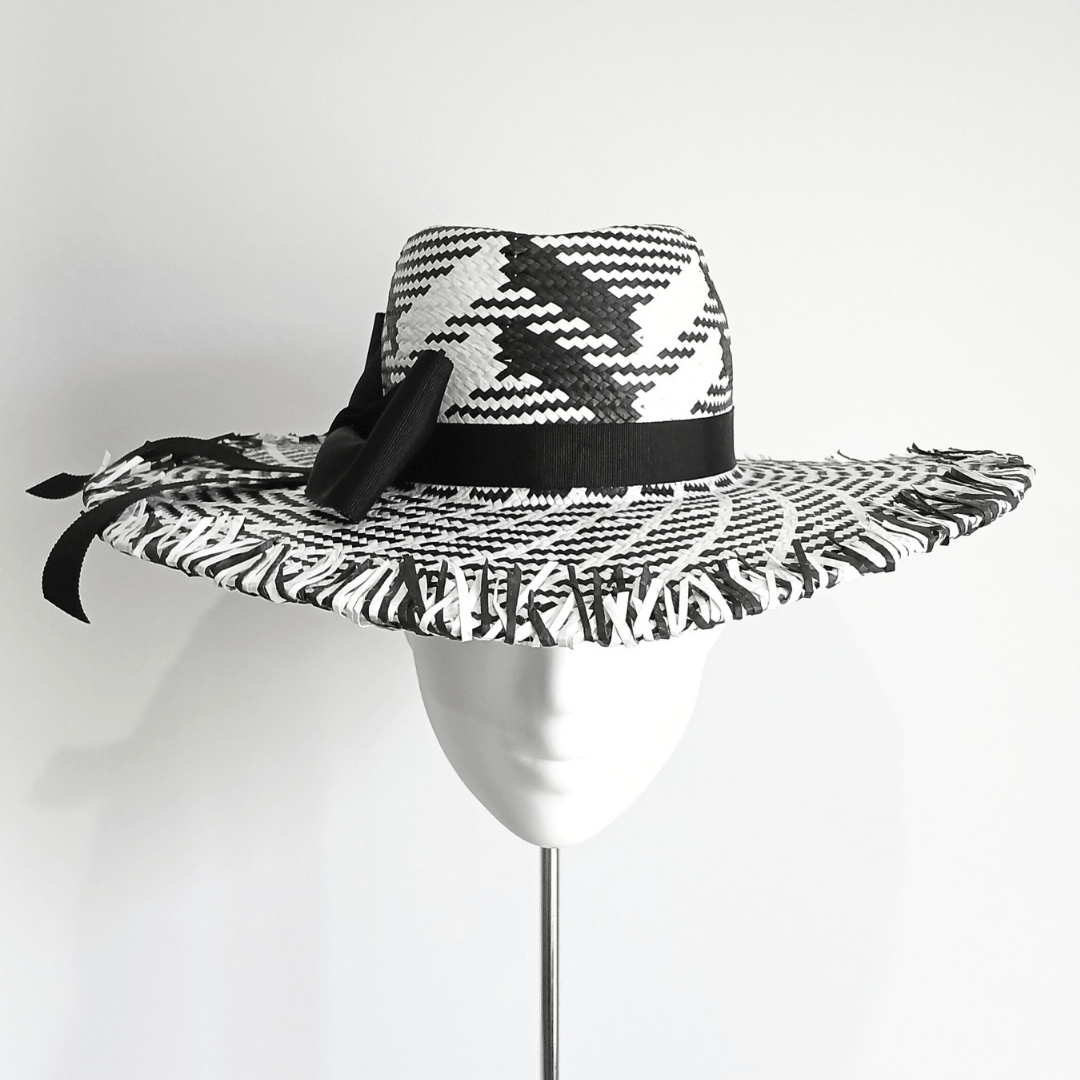 Ladies Black and White Straw Fedora Brim Hat - Julie Herbert Millinery fedora hat