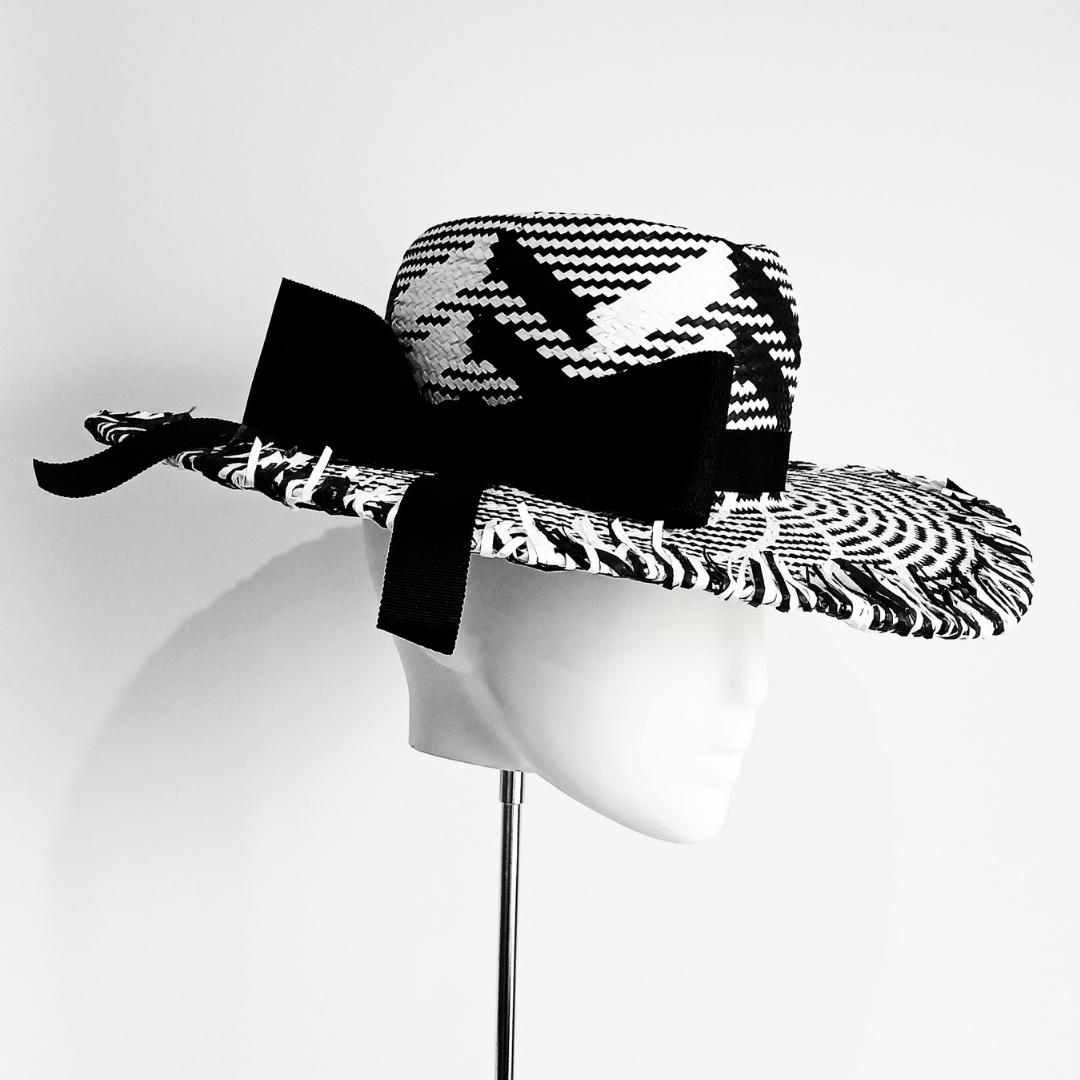 Ladies Black and White Straw Fedora Brim Hat - Julie Herbert Millinery fedora hat