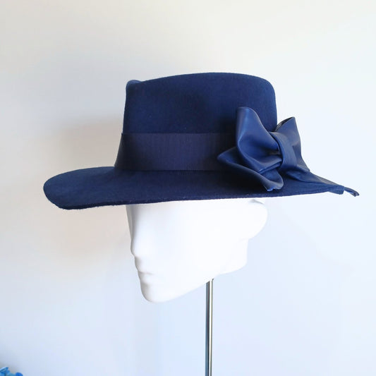Ladies navy blue felt fedora brim hat - Julie Herbert Millinery