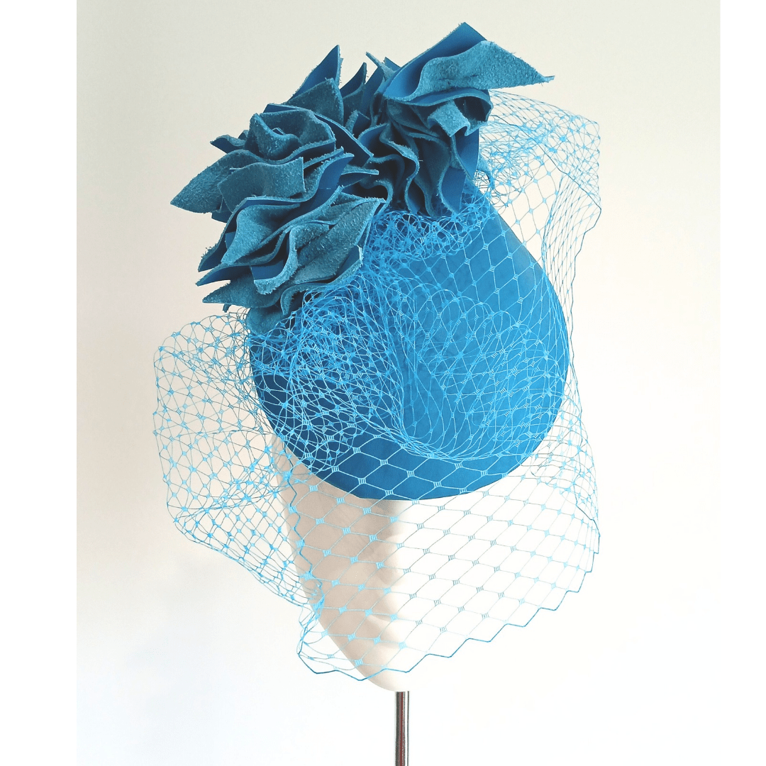 Layla - Women's leather teardrop percher Headpiece blue - Julie Herbert Millinery leather crown