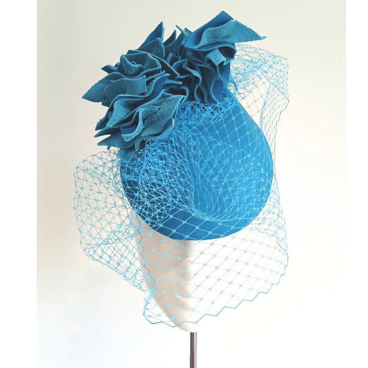 Layla - Women's leather teardrop percher Headpiece blue - Julie Herbert Millinery leather crown
