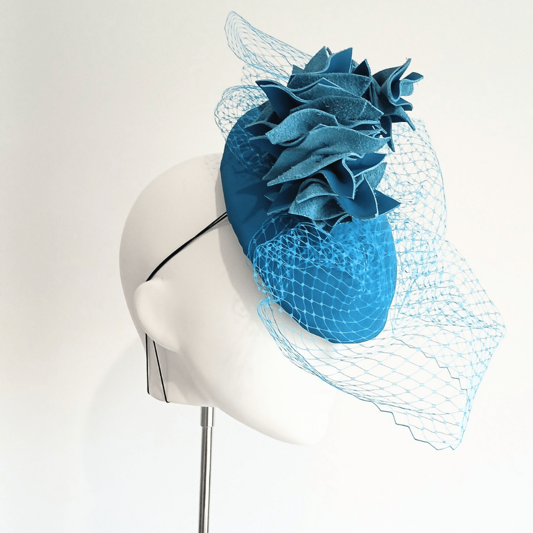 Layla - Women's leather teardrop percher Headpiece blue - Julie Herbert Millinery leather crown