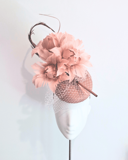 Paris Dusty Pink + Nude Feather + Leather Percher Headpiece - Julie Herbert Millinery percher