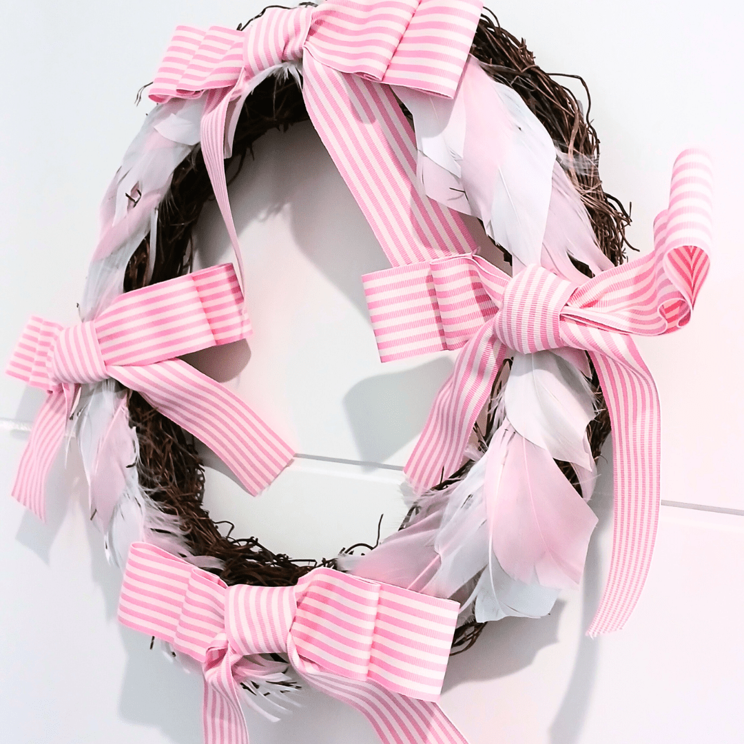 Pink and White Feather Double Bow 30cm Wreath - Julie Herbert Millinery