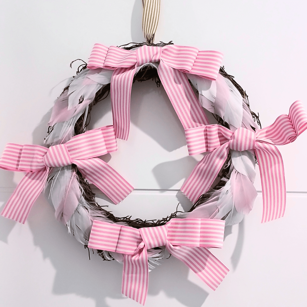 Pink and White Feather Double Bow 30cm Wreath - Julie Herbert Millinery