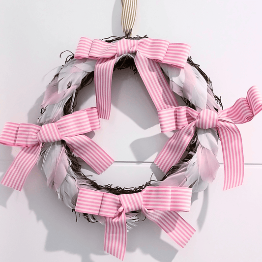 Pink and White Feather Double Bow 30cm Wreath - Julie Herbert Millinery