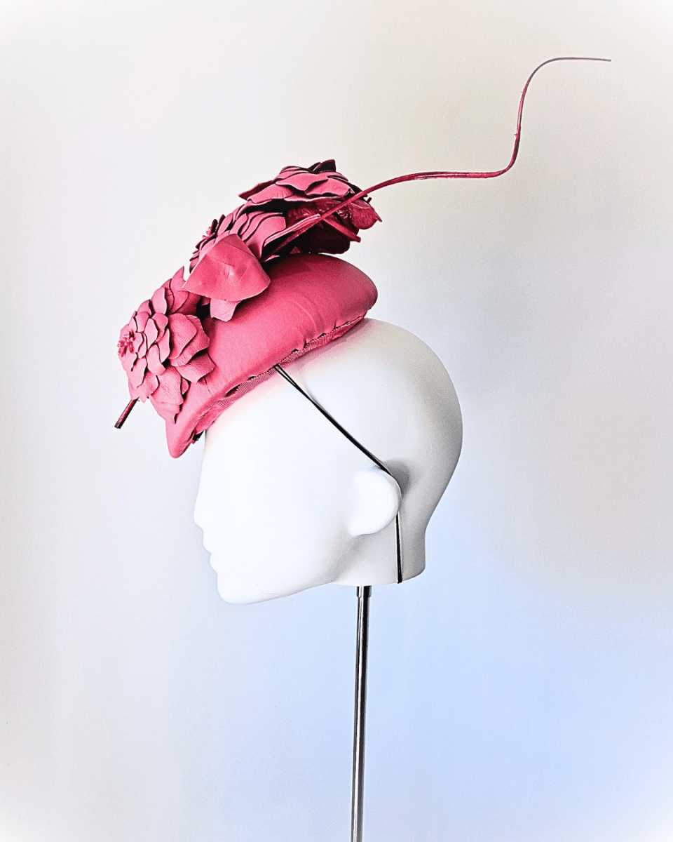 Pink leather flower teardrop percher Headpiece - Julie Herbert Millinery leather crown