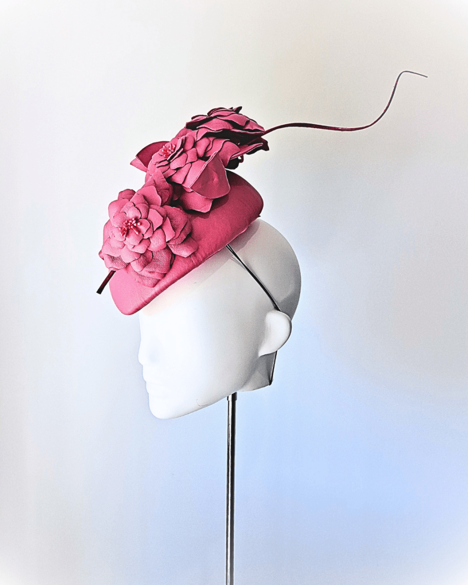 Pink leather flower teardrop percher Headpiece - Julie Herbert Millinery leather crown