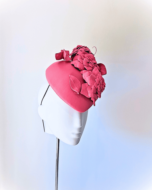 Pink leather flower teardrop percher Headpiece - Julie Herbert Millinery leather crown