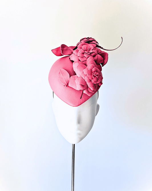 Pink leather flower teardrop percher Headpiece - Julie Herbert Millinery leather crown