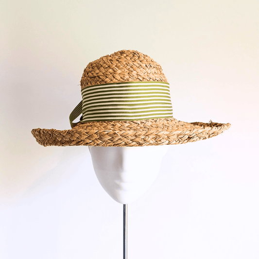 Raffia Straw Sunhat with Green & White Ribbon - Julie Herbert Millinery straw hat