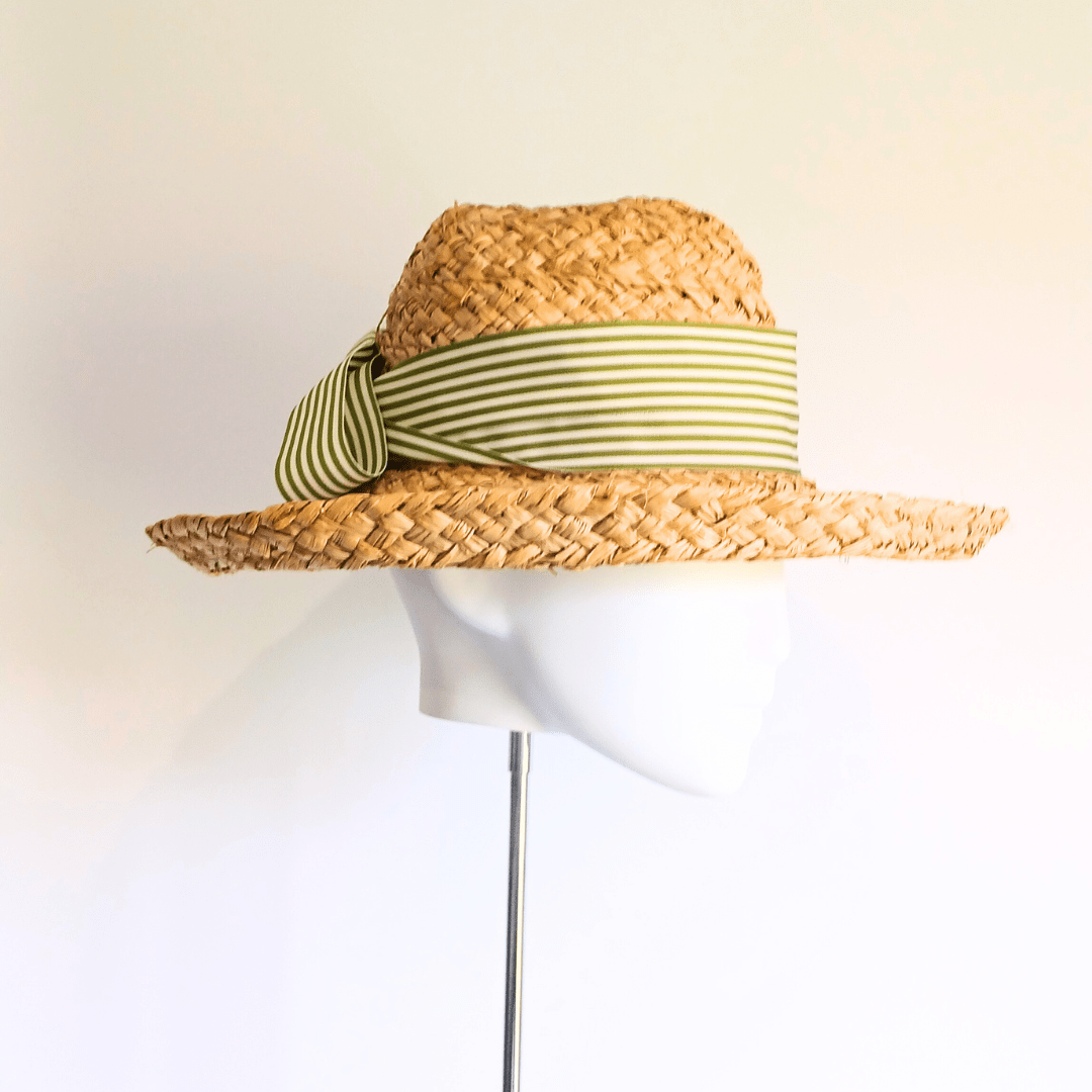 Raffia Straw Sunhat with Green & White Ribbon - Julie Herbert Millinery straw hat