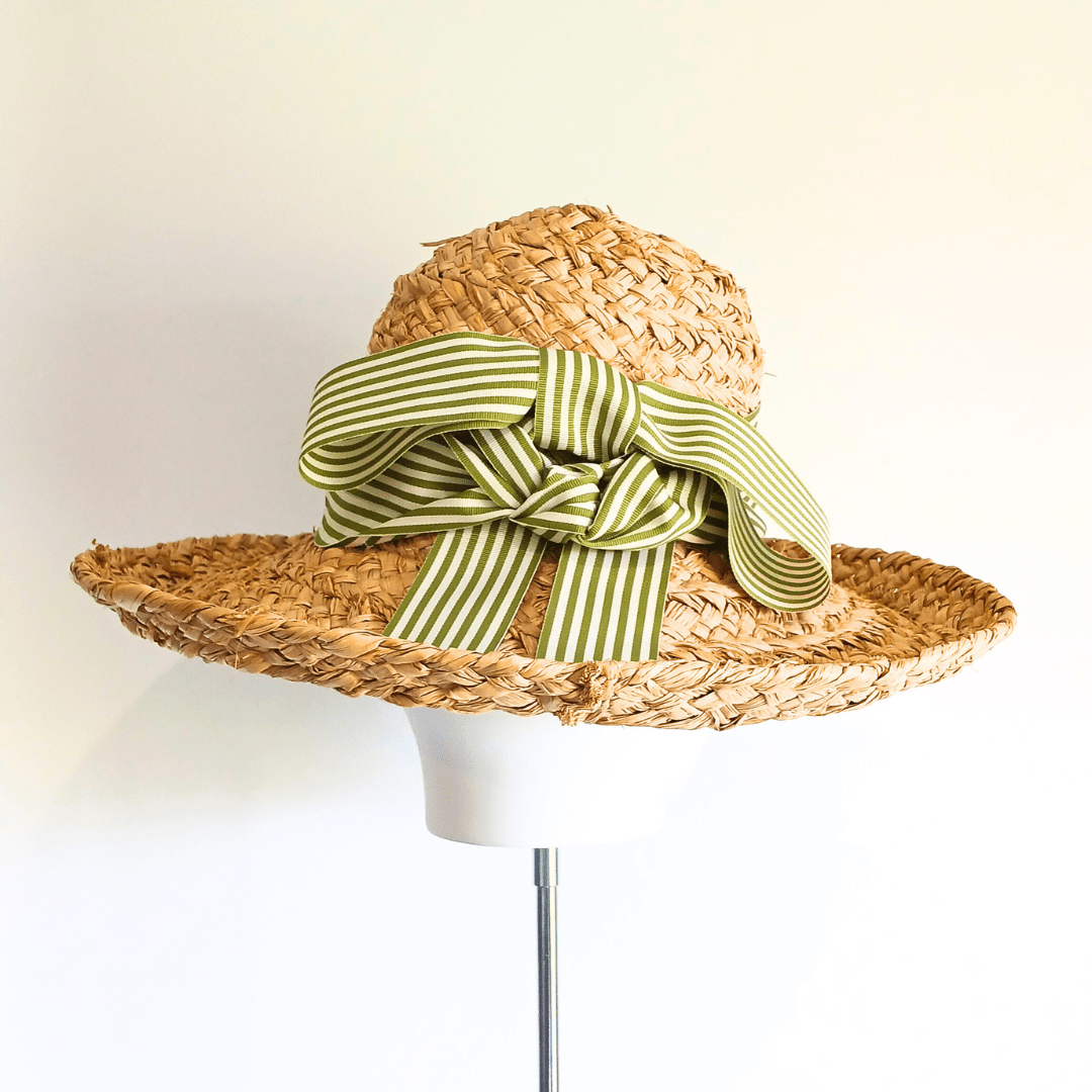 Raffia Straw Sunhat with Green & White Ribbon - Julie Herbert Millinery straw hat
