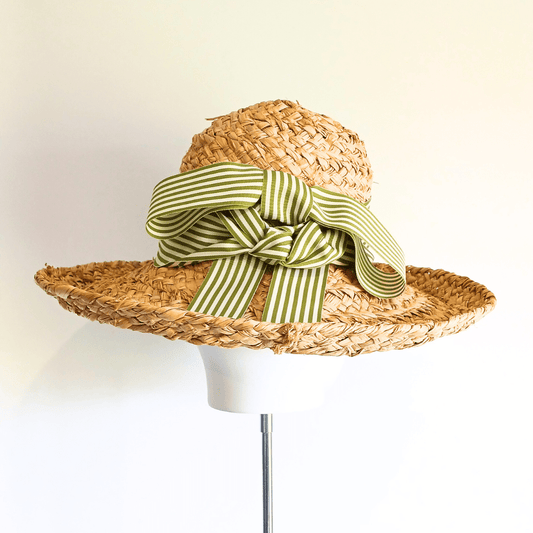 Raffia Straw Sunhat with Green & White Ribbon - Julie Herbert Millinery straw hat