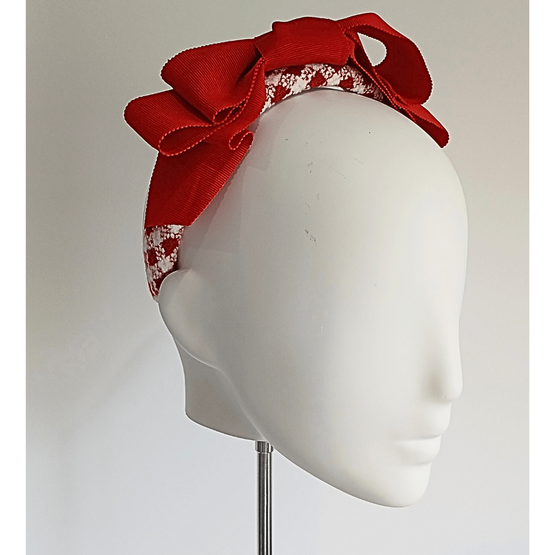 Red & White Cloth Patterned Padded Headband with Wide Petersham Double Red Bow - Julie Herbert Millinery headband