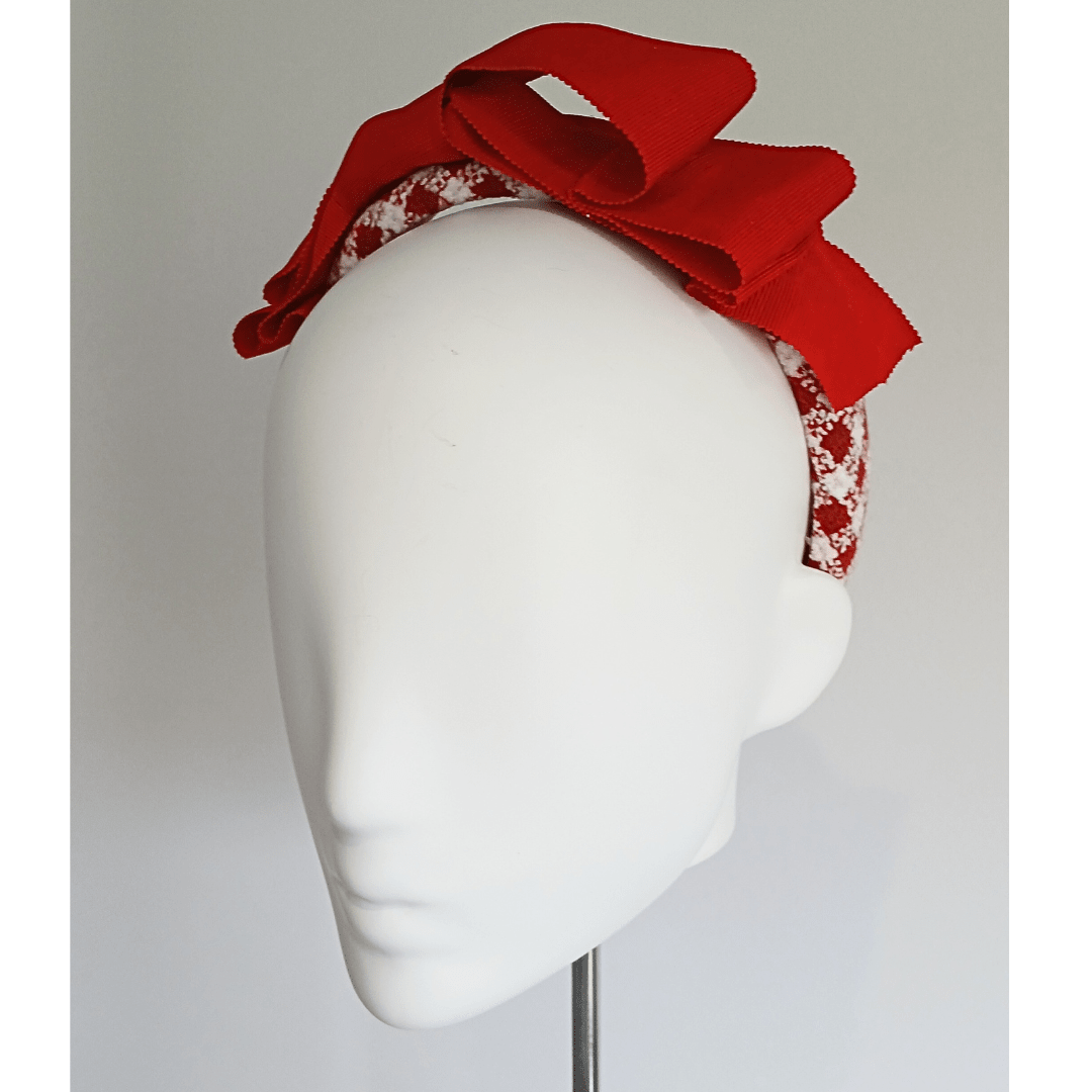 Red & White Cloth Patterned Padded Headband with Wide Petersham Double Red Bow - Julie Herbert Millinery headband