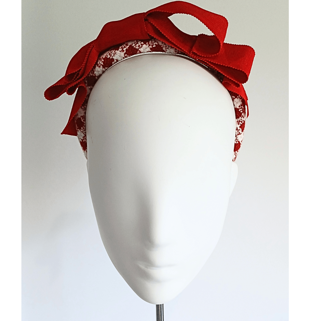 Red & White Cloth Patterned Padded Headband with Wide Petersham Double Red Bow - Julie Herbert Millinery headband