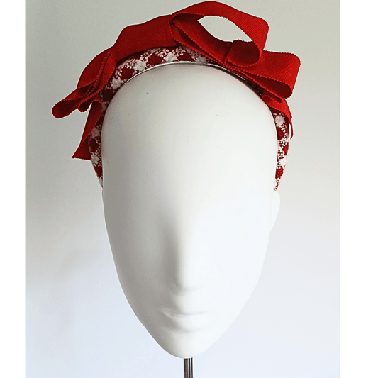 Red & White Cloth Patterned Padded Headband with Wide Petersham Double Red Bow - Julie Herbert Millinery headband