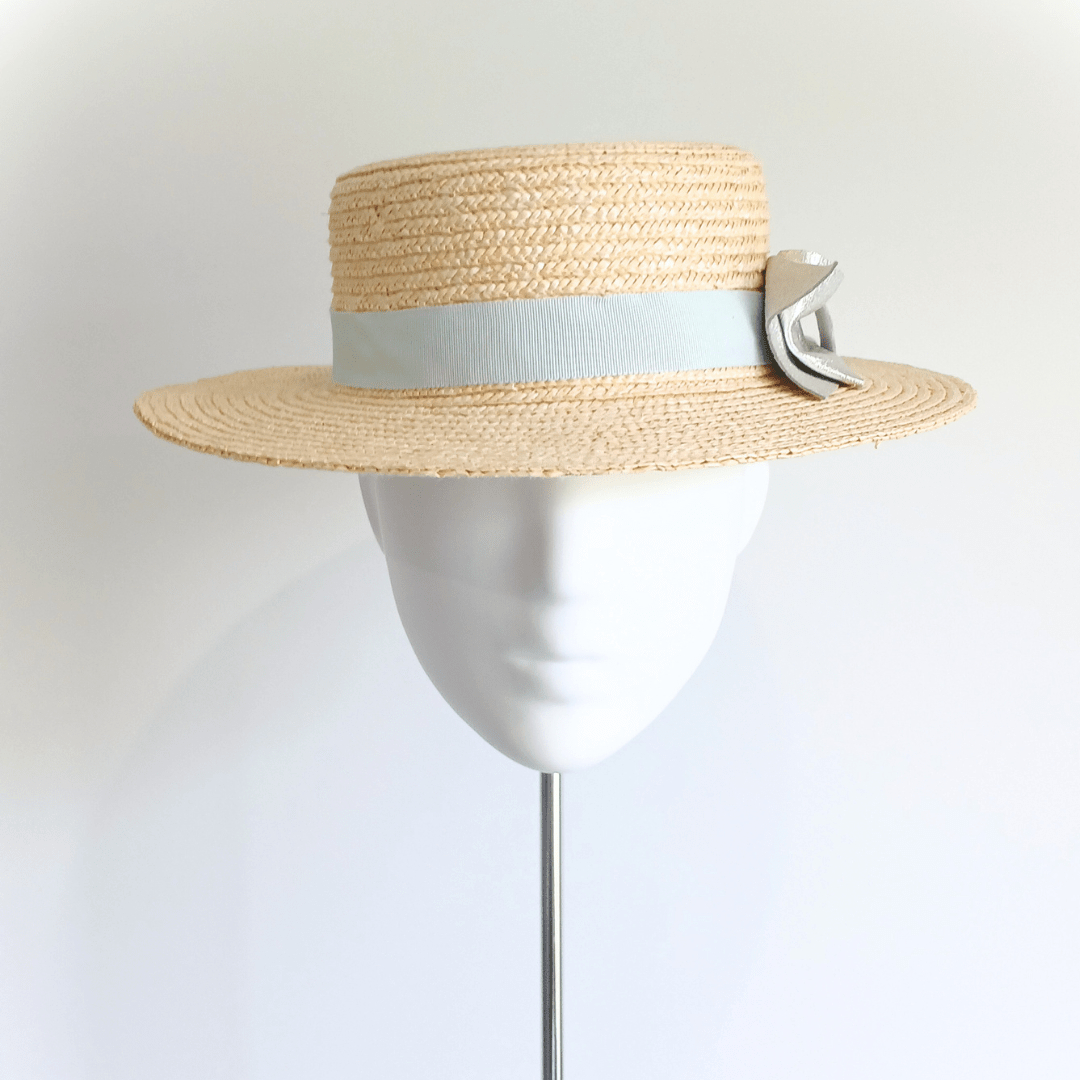 Straw Boater Hat with Baby Blue Petersham Ribbon + Silver Leather Bow - Julie Herbert Millinery straw hat