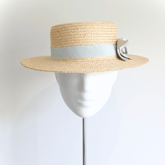 Straw Boater Hat with Baby Blue Petersham Ribbon + Silver Leather Bow - Julie Herbert Millinery straw hat