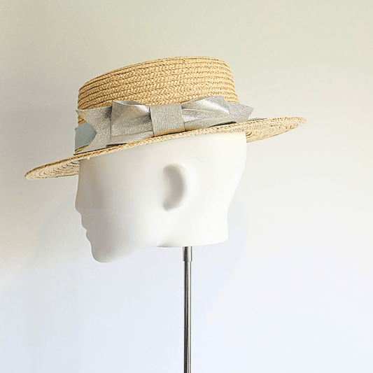 Straw Boater Hat with Baby Blue Petersham Ribbon + Silver Leather Bow - Julie Herbert Millinery straw hat