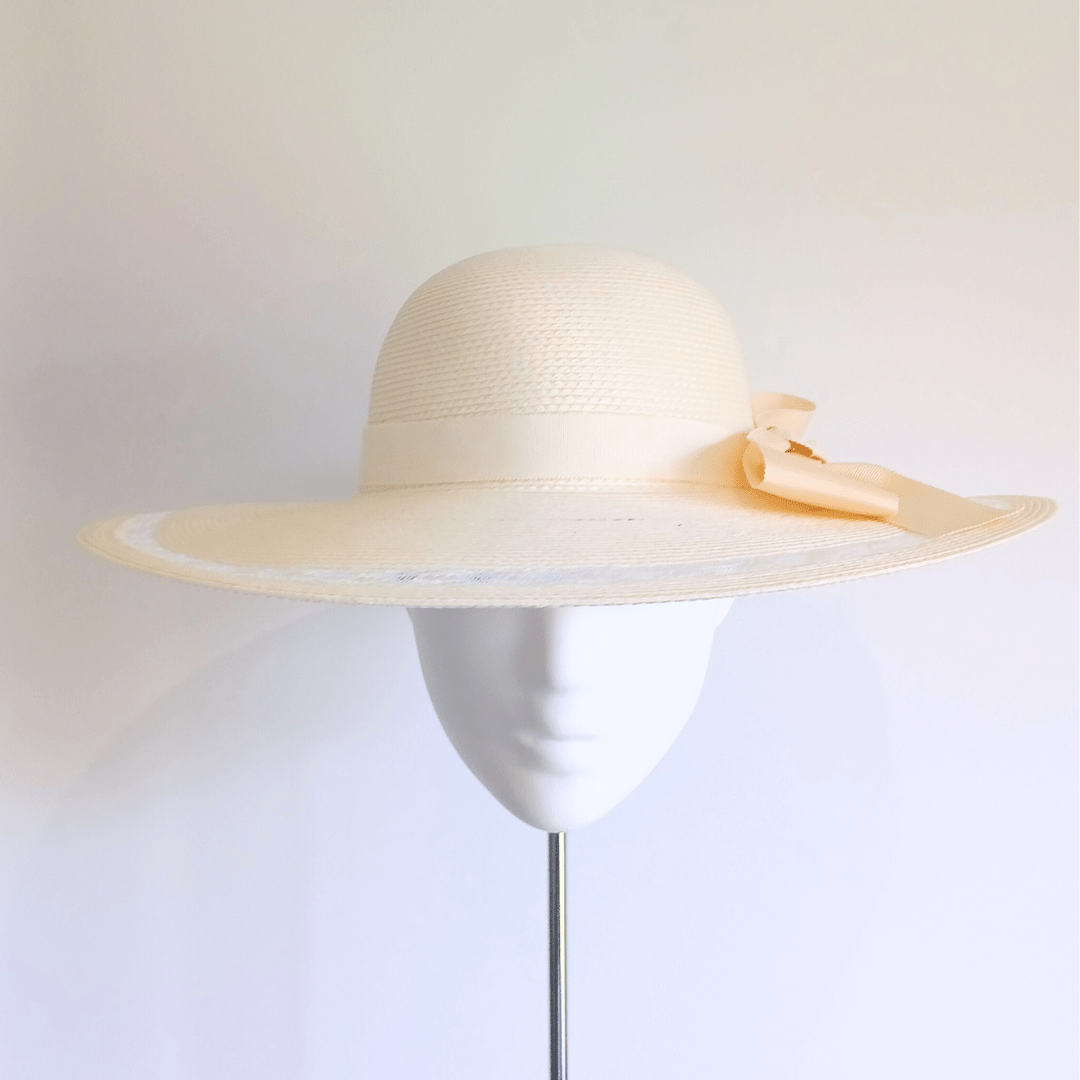 Straw Hat with Blue & White Ribbon Bow - Julie Herbert Millinery straw hat