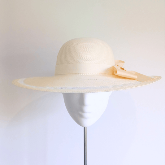 Straw Hat with Blue & White Ribbon Bow - Julie Herbert Millinery straw hat