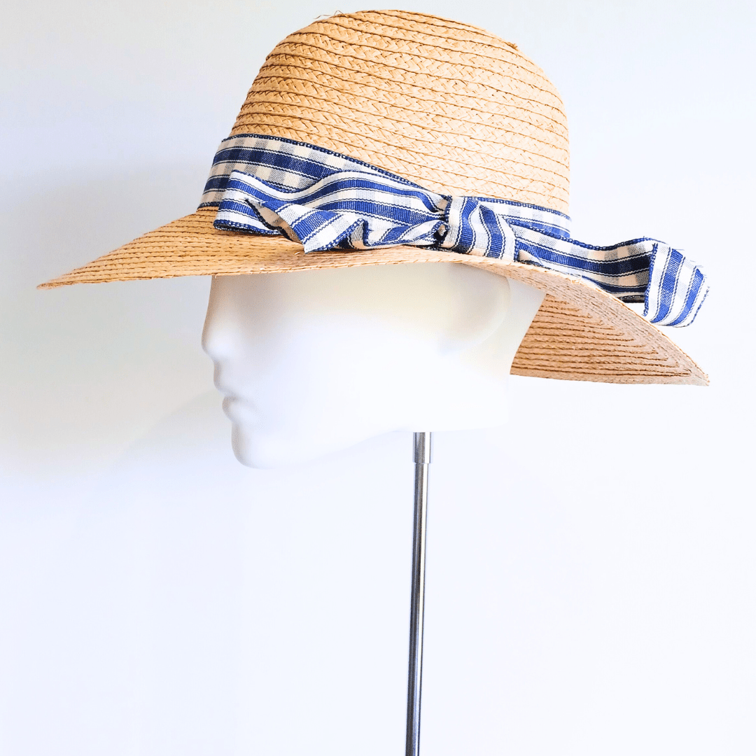 Straw Hat with Blue & White Ribbon Bow - Julie Herbert Millinery straw hat