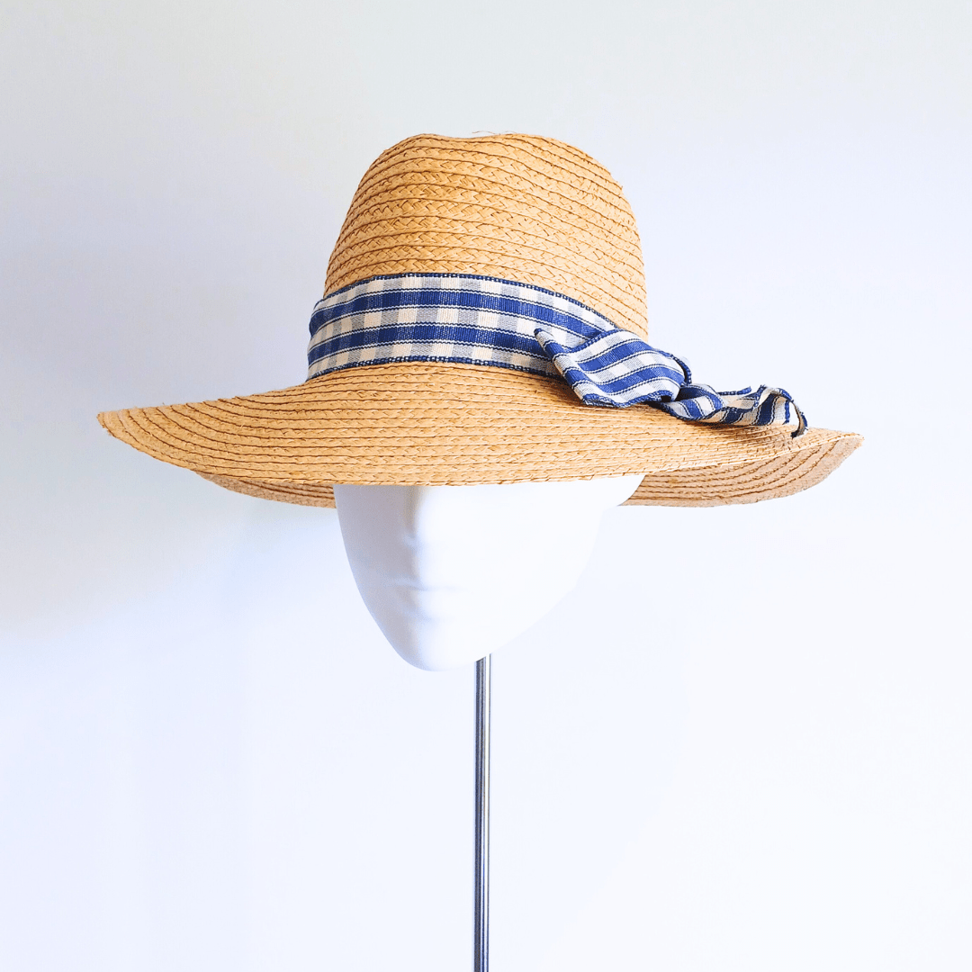 Straw Hat with Blue & White Ribbon Bow - Julie Herbert Millinery straw hat