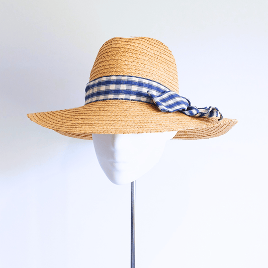Straw Hat with Blue & White Ribbon Bow - Julie Herbert Millinery straw hat