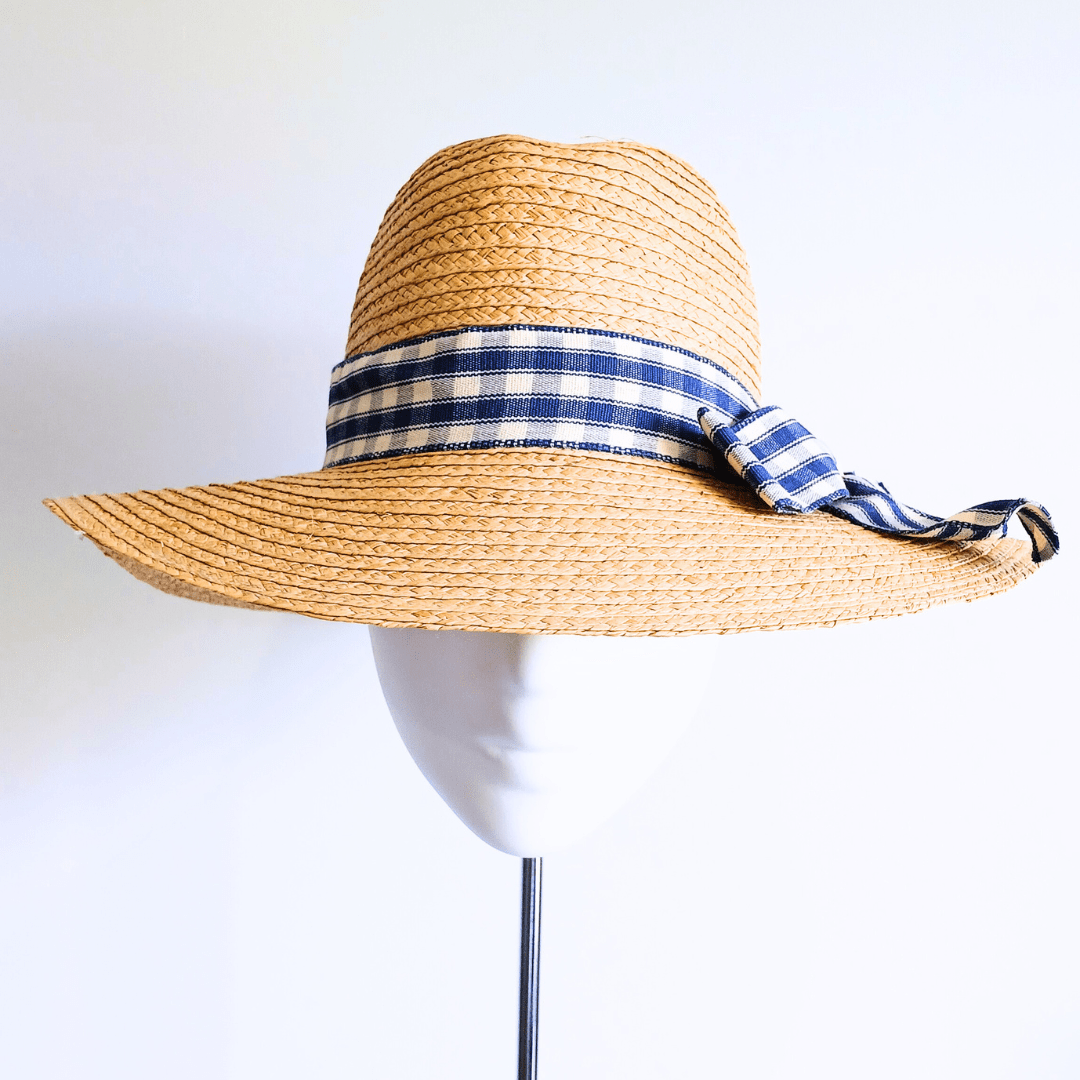 Straw Hat with Blue & White Ribbon Bow - Julie Herbert Millinery straw hat