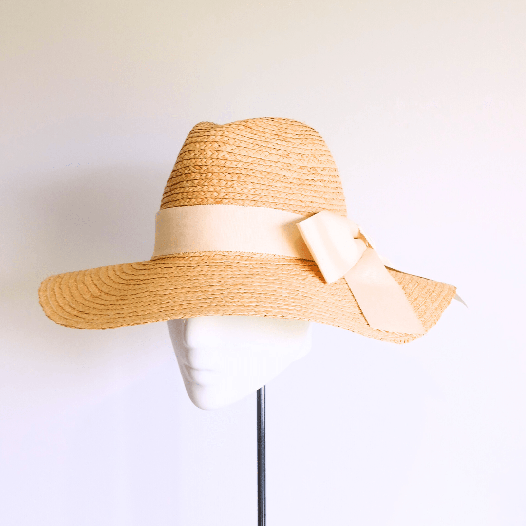 Straw Hat with Ivory Petersham Ribbon Bow - Julie Herbert Millinery straw hat