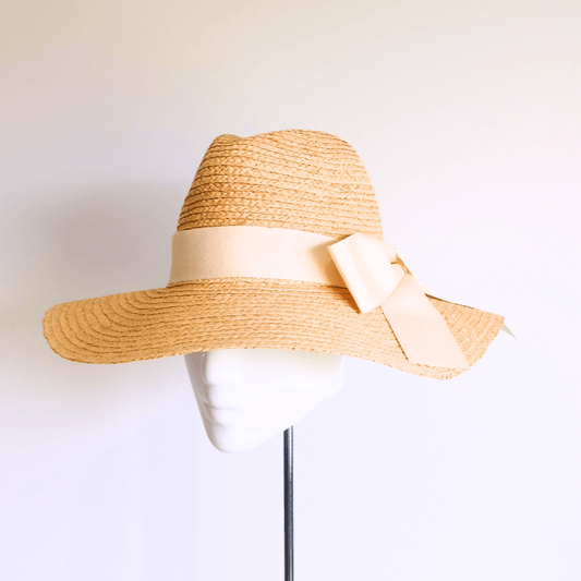 Straw Hat with Ivory Petersham Ribbon Bow - Julie Herbert Millinery straw hat