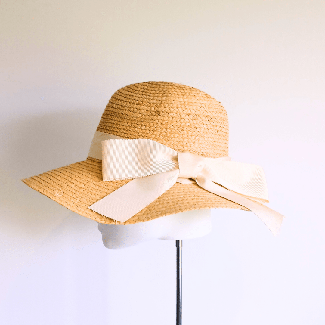 Straw Hat with Ivory Petersham Ribbon Bow - Julie Herbert Millinery straw hat