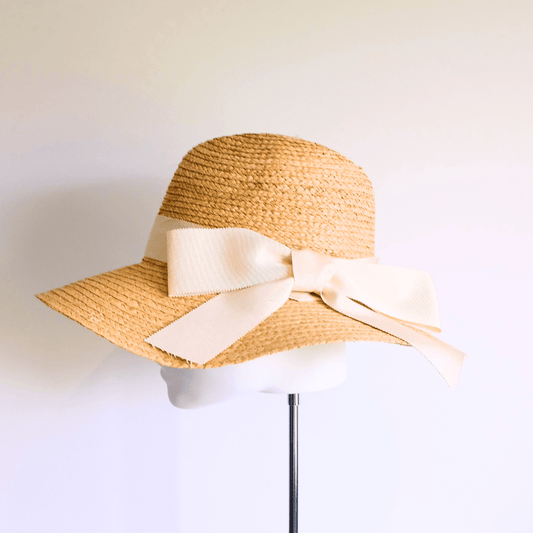 Straw Hat with Ivory Petersham Ribbon Bow - Julie Herbert Millinery straw hat