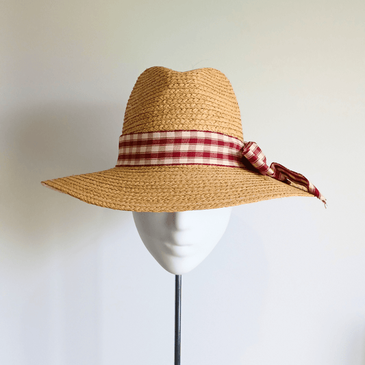 Straw Hat with Red & White Ribbon Bow - Julie Herbert Millinery straw hat
