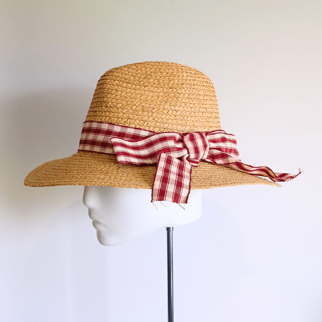 Straw Hat with Red & White Ribbon Bow - Julie Herbert Millinery straw hat