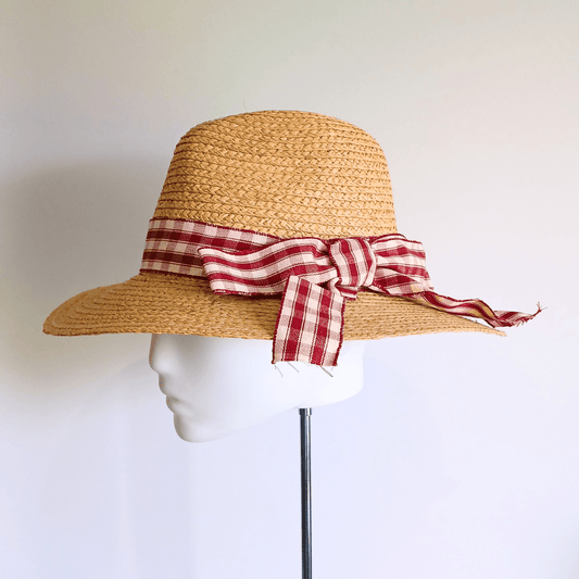 Straw Hat with Red & White Ribbon Bow - Julie Herbert Millinery straw hat