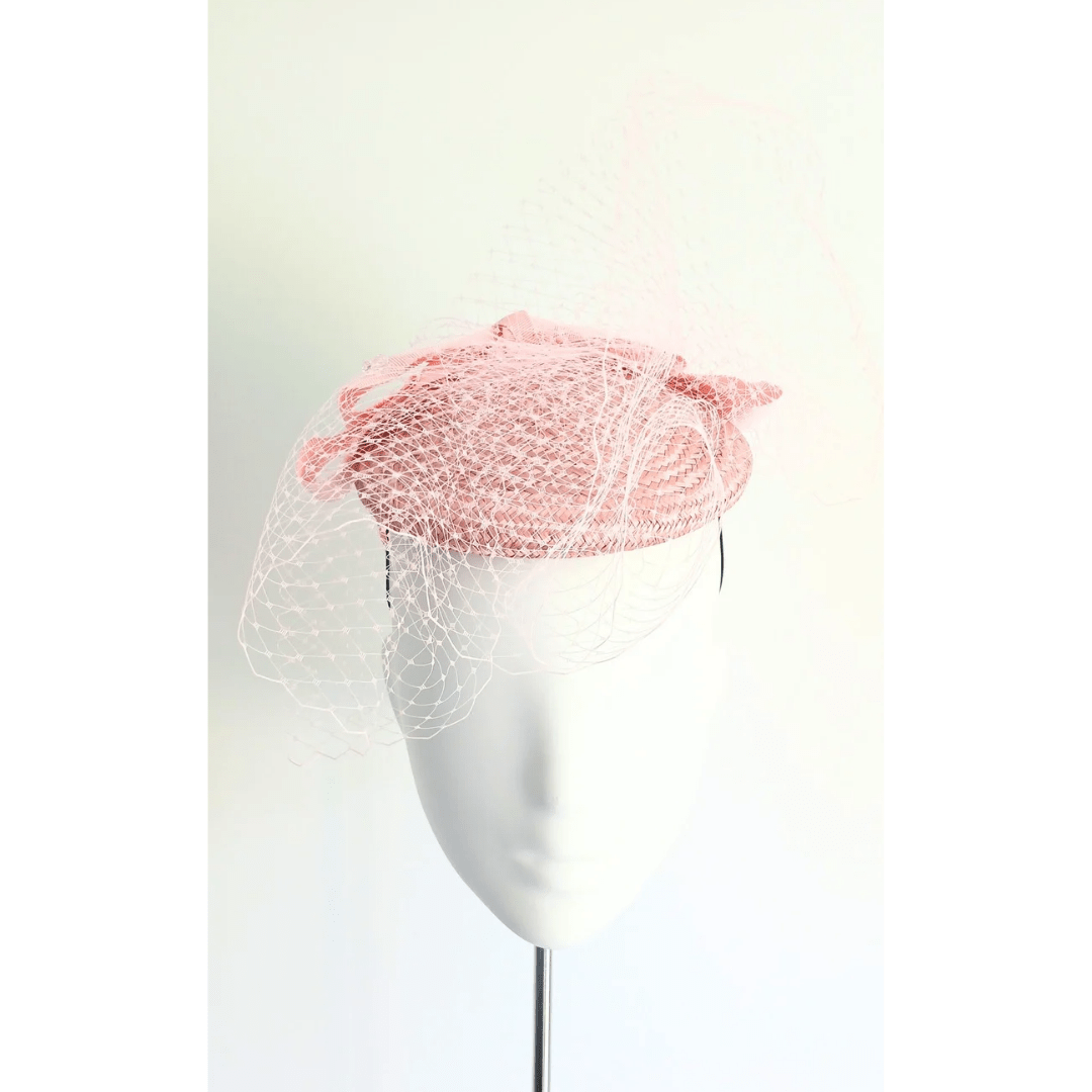 Victoria Pink Buntal Headpiece with double bow - Julie Herbert Millinery Pink headpiece