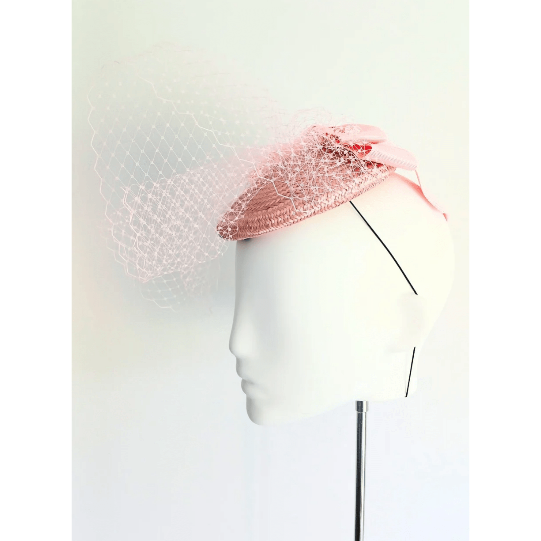 Victoria Pink Buntal Headpiece with double bow - Julie Herbert Millinery Pink headpiece