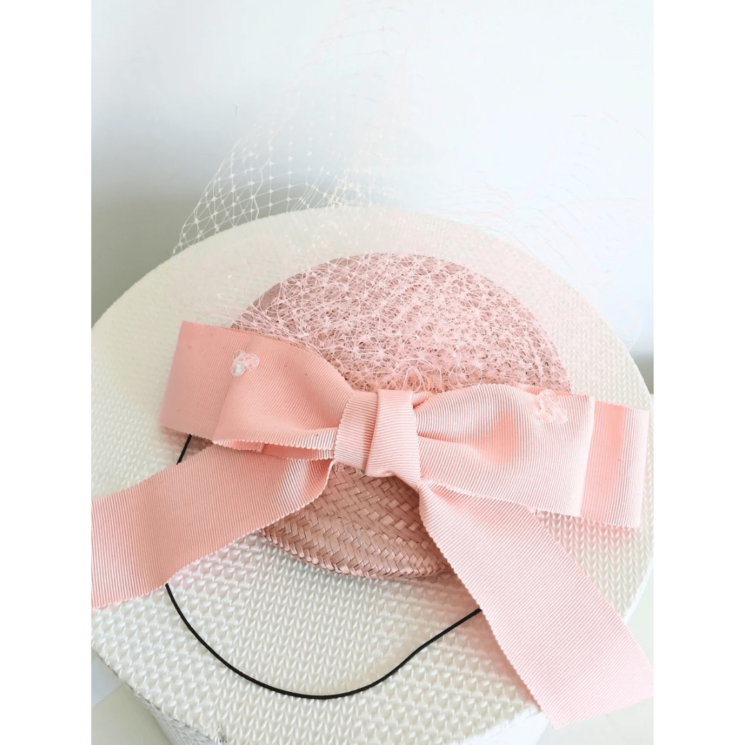 Victoria Pink Buntal Headpiece with double bow - Julie Herbert Millinery Pink headpiece