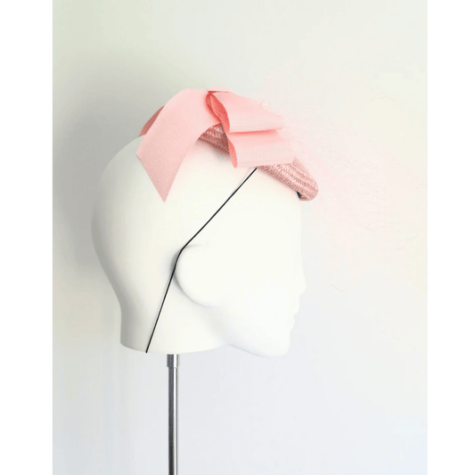 Victoria Pink Buntal Headpiece with double bow - Julie Herbert Millinery Pink headpiece