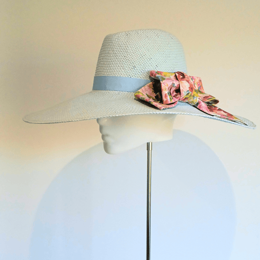 Women's Baby Blue Straw Wide Brim fedora hat with Monochrome floral leather bow - Julie Herbert Millinery